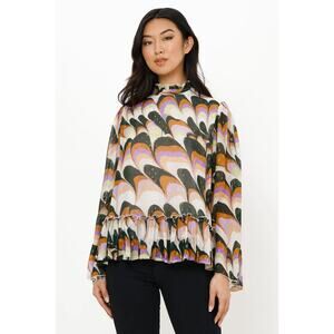 NWT Oliphant Venice Lime Peplum Blouse $268 Gold Dot Purple Brown Ruffle Neck XS